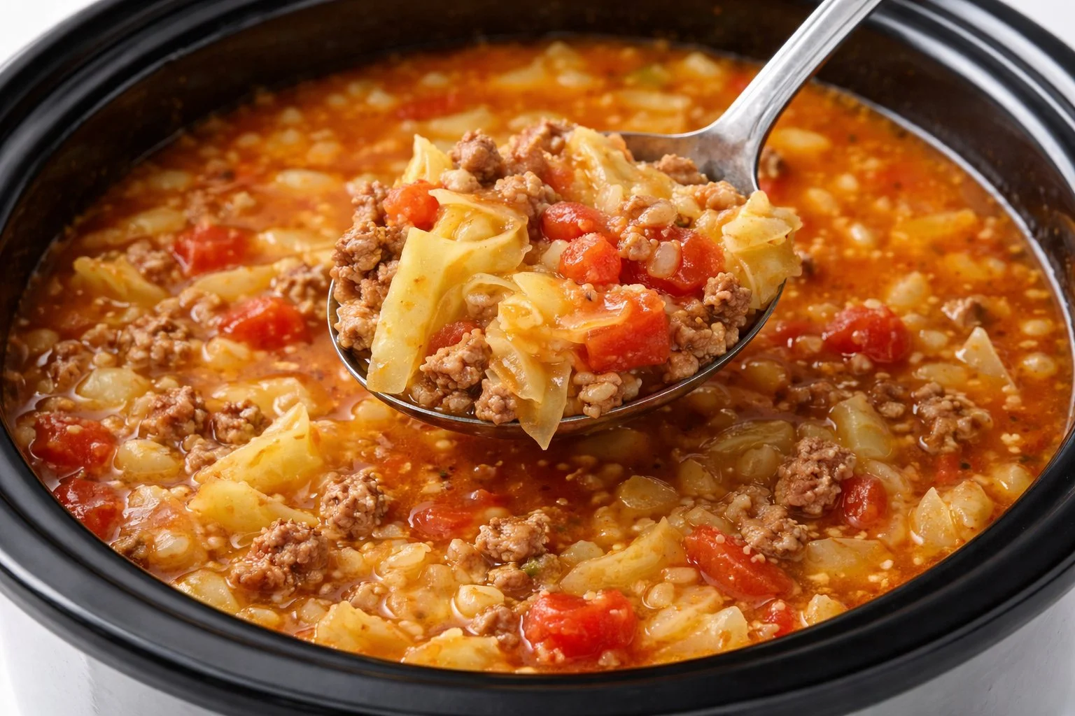 Delicious crockpot cabbage roll soup in a bowl, garnished with herbs