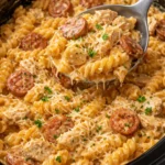 Crockpot Cheesy Ranch Chicken & Sausage Pasta served in a bowl