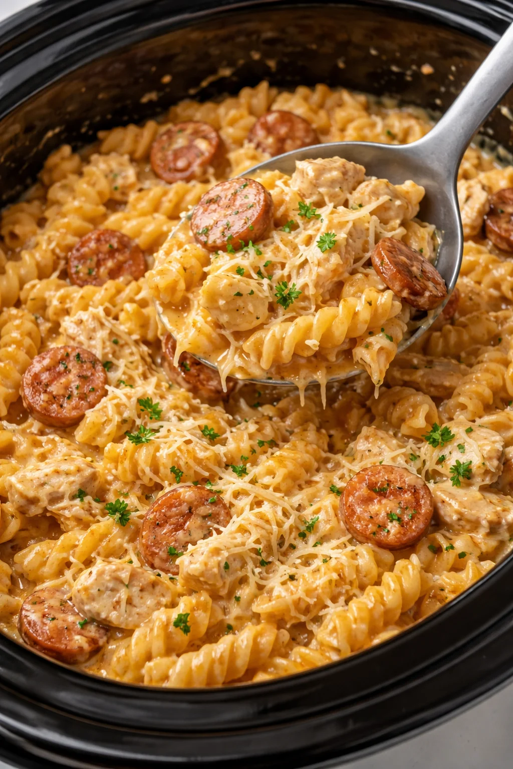 Crockpot Cheesy Ranch Chicken & Sausage Pasta