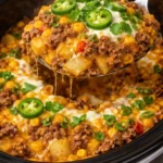 Crockpot Cheesy Taco Potatoes in a bowl with melted cheese and toppings