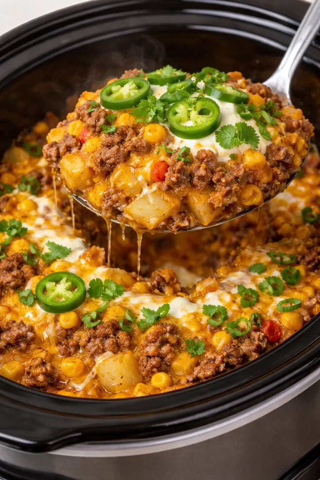 Crockpot Cheesy Taco Potatoes in a bowl with melted cheese and toppings
