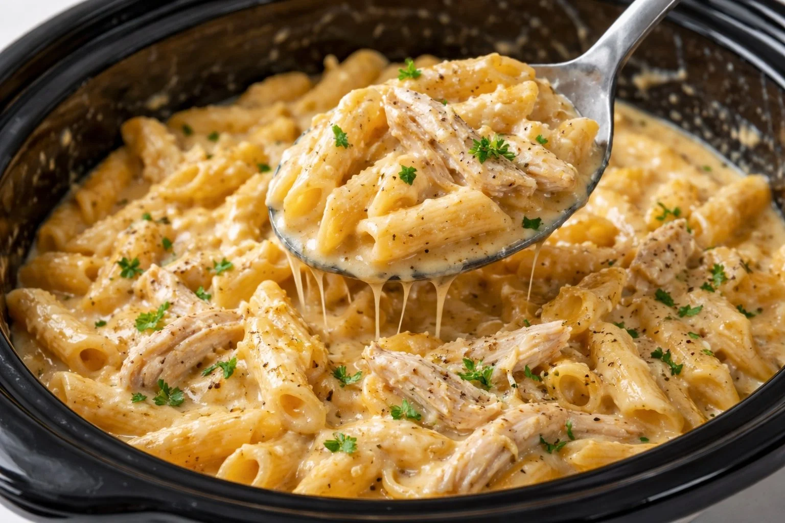 A bowl of Crockpot creamy chicken pasta garnished with herbs