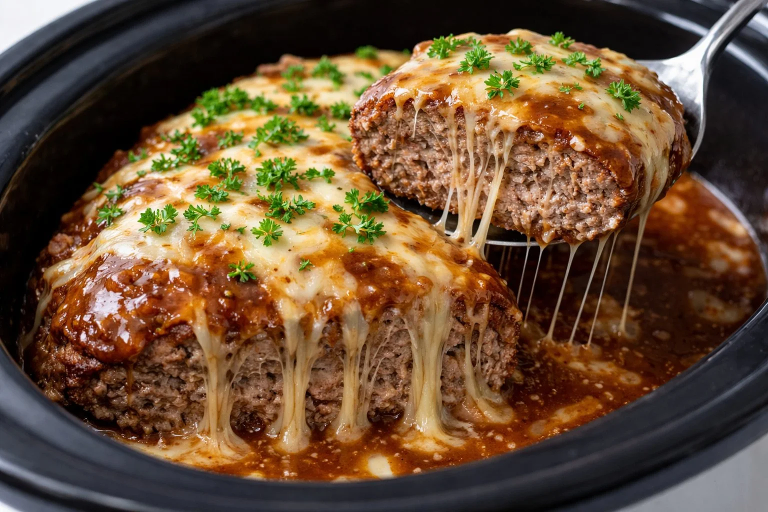 Crockpot French Onion Meatloaf topped with melted Swiss cheese