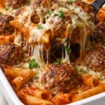 Delicious dump-and-bake meatball casserole topped with cheese and marinara sauce
