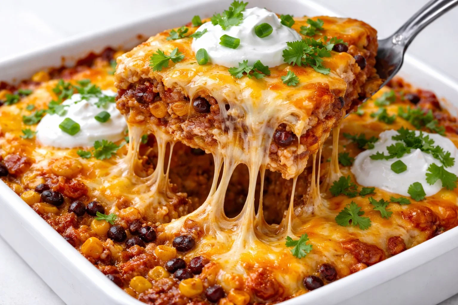 Delicious easy taco lasagna served in a baking dish with toppings.