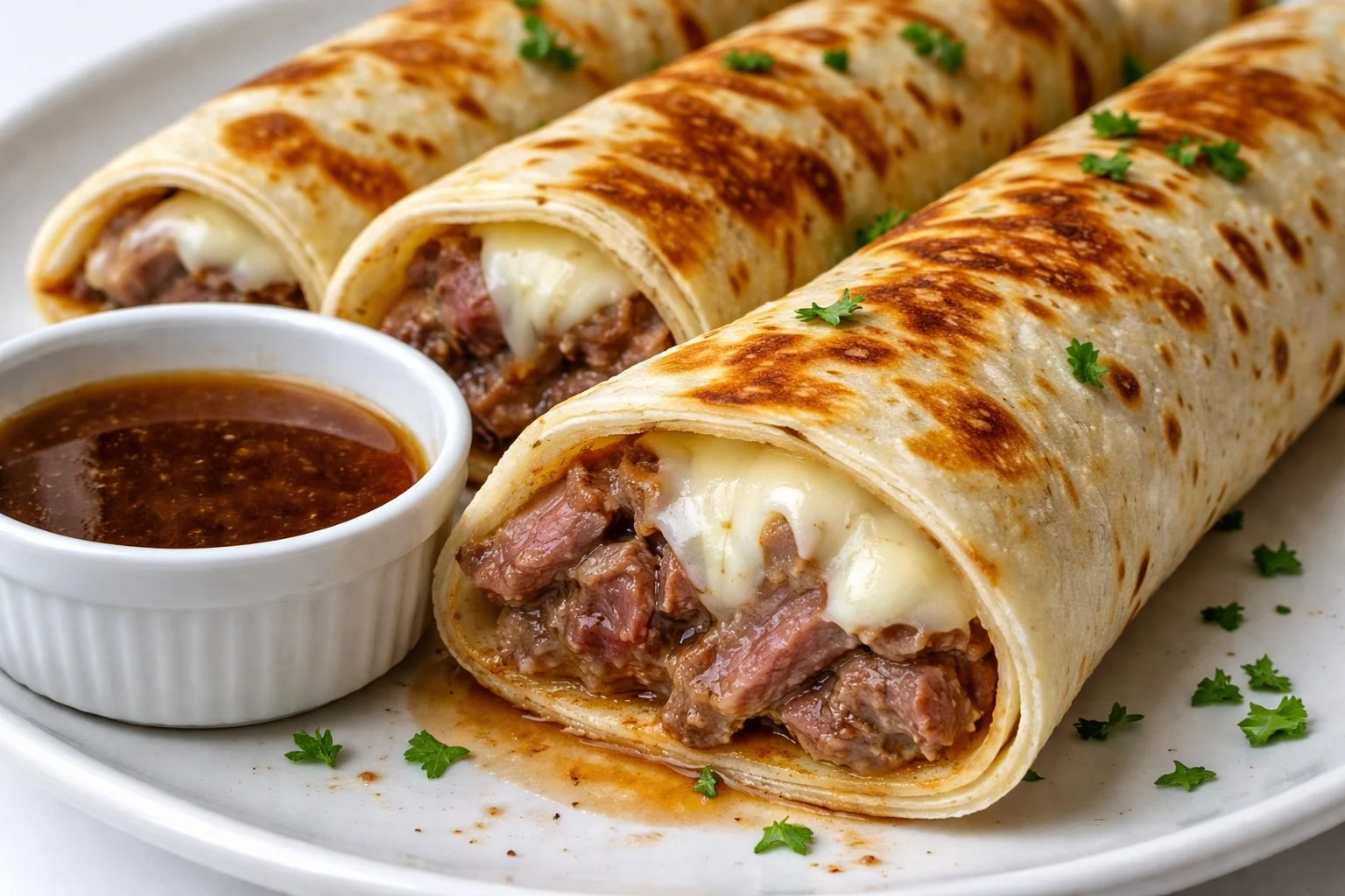 French Dip Tortilla Roll Ups served on a plate with dipping sauce