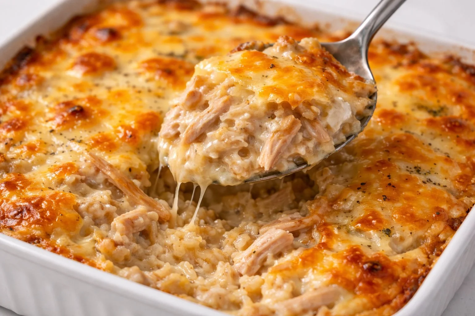 Delicious French Onion Chicken & Rice Casserole topped with melted cheese and herbs