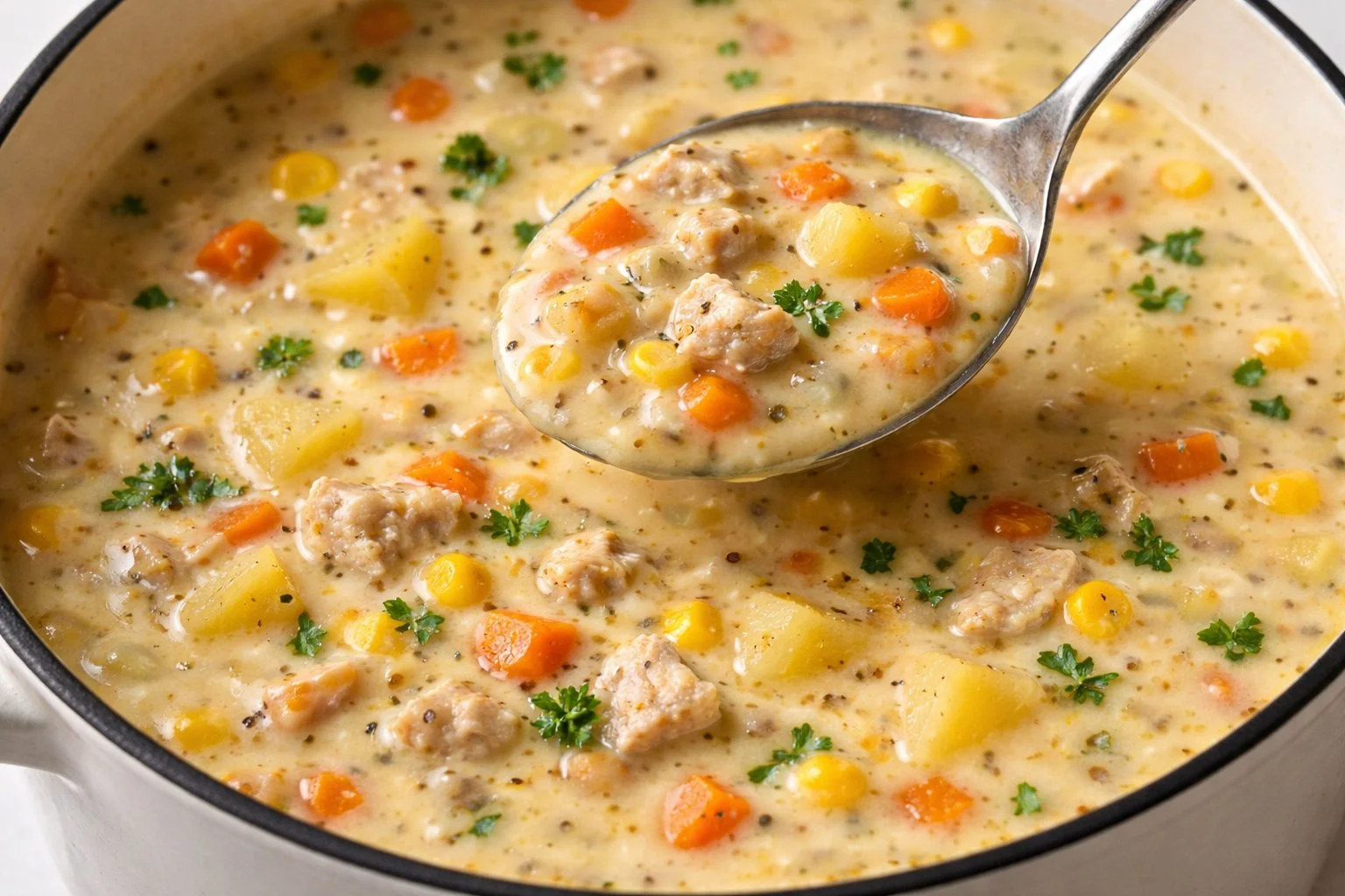 Bowl of creamy Garlic Parmesan Chicken Chowder Soup with garlic and herbs.