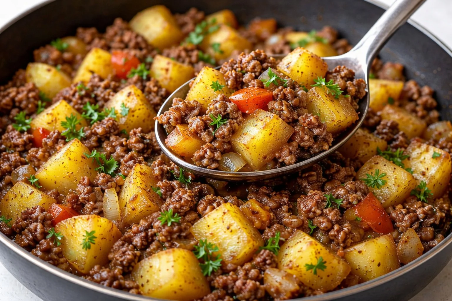 Delicious Hamburger Hash recipe served in a skillet.