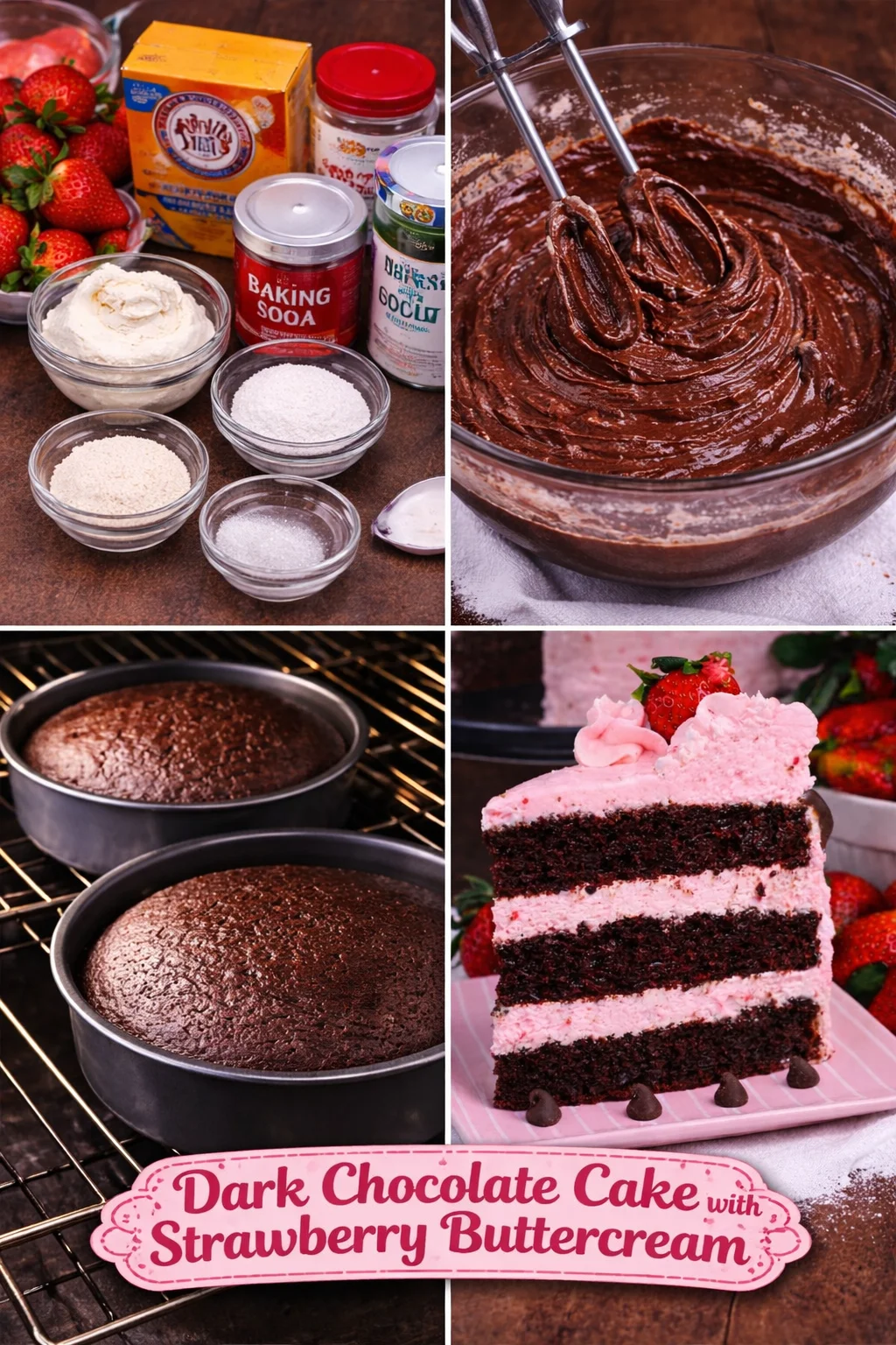 Homemade Dark Chocolate Cake with Strawberry Buttercream