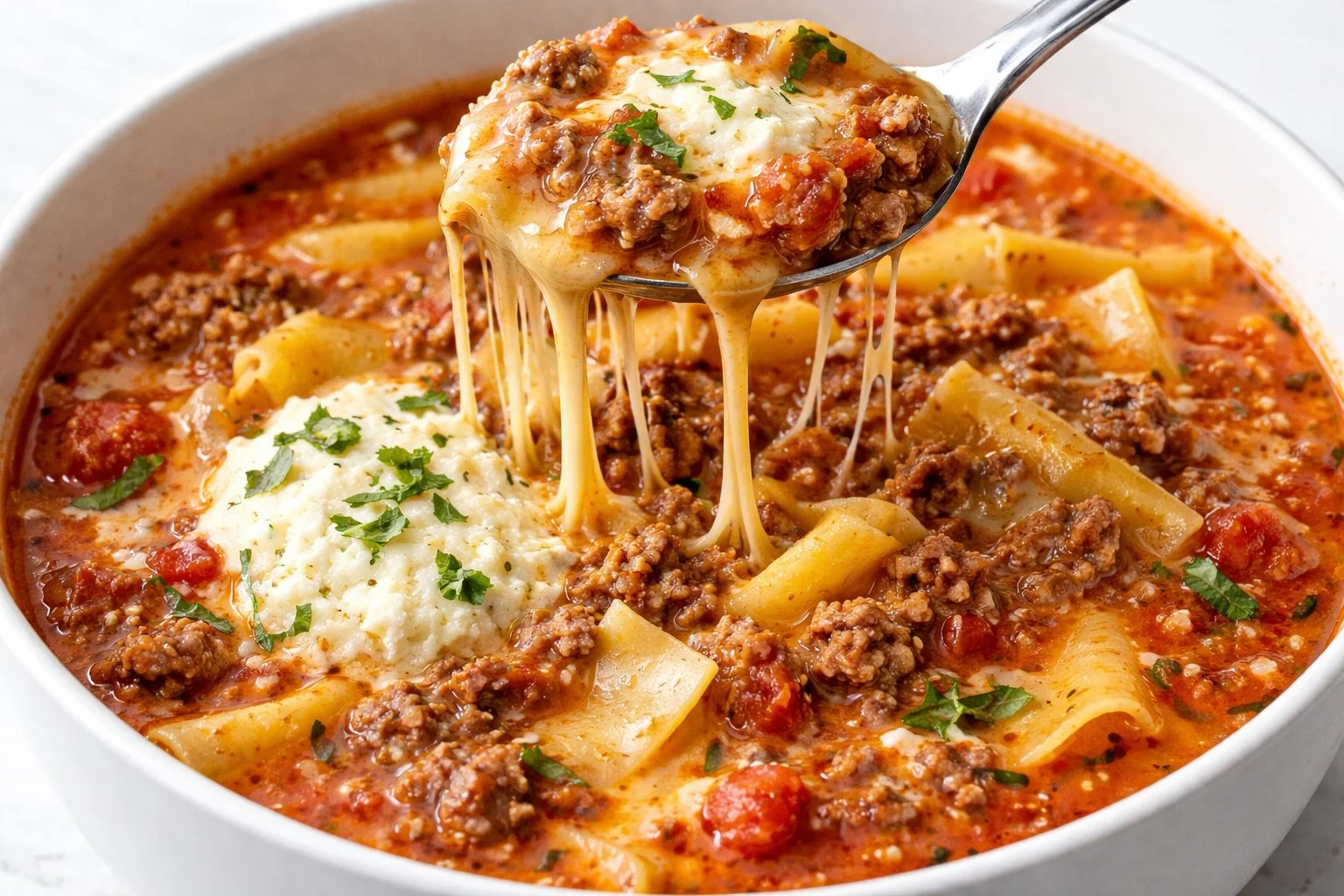 Bowl of homemade lasagna soup topped with cheese and herbs
