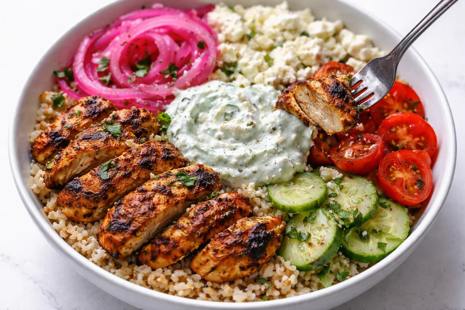 Loaded Mediterranean Chicken Power Bowl with Tzatziki & Feta