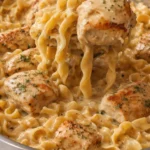 One Pan Chicken with Buttered Noodles served in a skillet