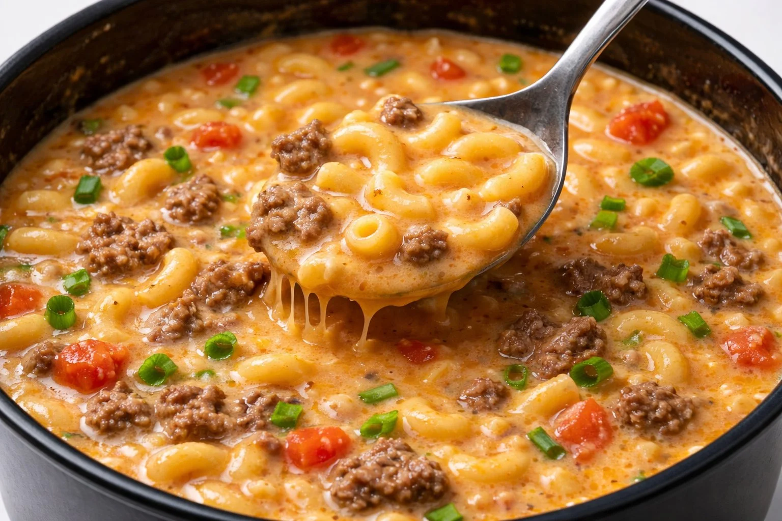 Delicious one-pot macaroni cheeseburger soup topped with melted cheese.