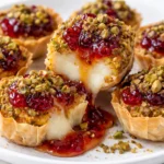 Pistachio-crusted brie bites topped with raspberry honey glaze on a serving platter.