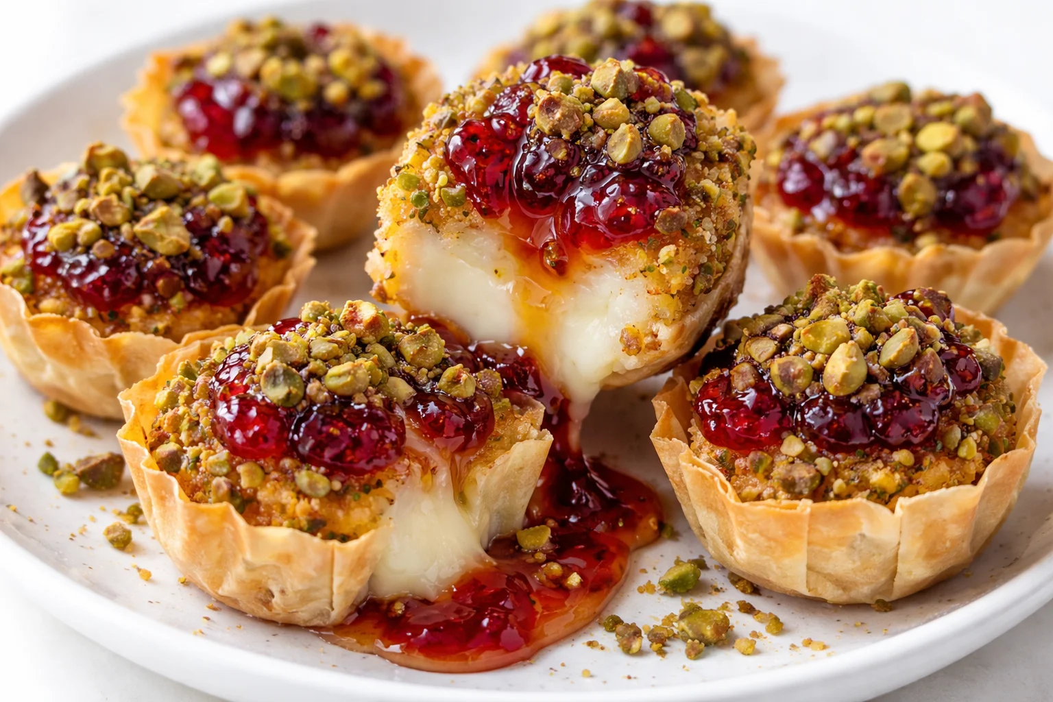 Pistachio-Crusted Brie Bites with Raspberry Honey Glaze