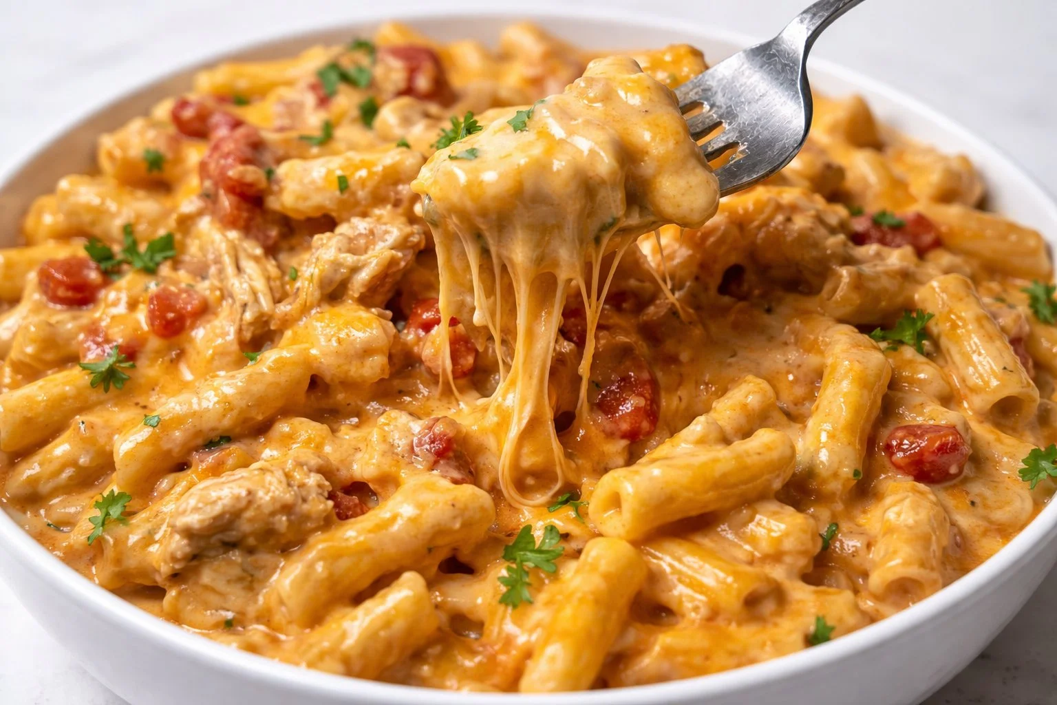 Creamy Rotel Chicken Pasta dish served in a bowl with fresh herbs