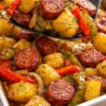 Sausage with oven roasted potatoes and peppers on a serving plate