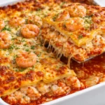 Delicious seafood lasagna with shrimp and crab layered in a creamy sauce
