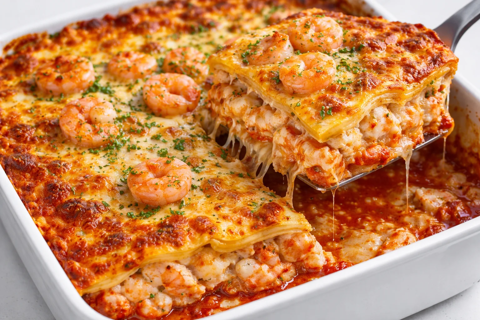 Delicious seafood lasagna with shrimp and crab layered in a creamy sauce