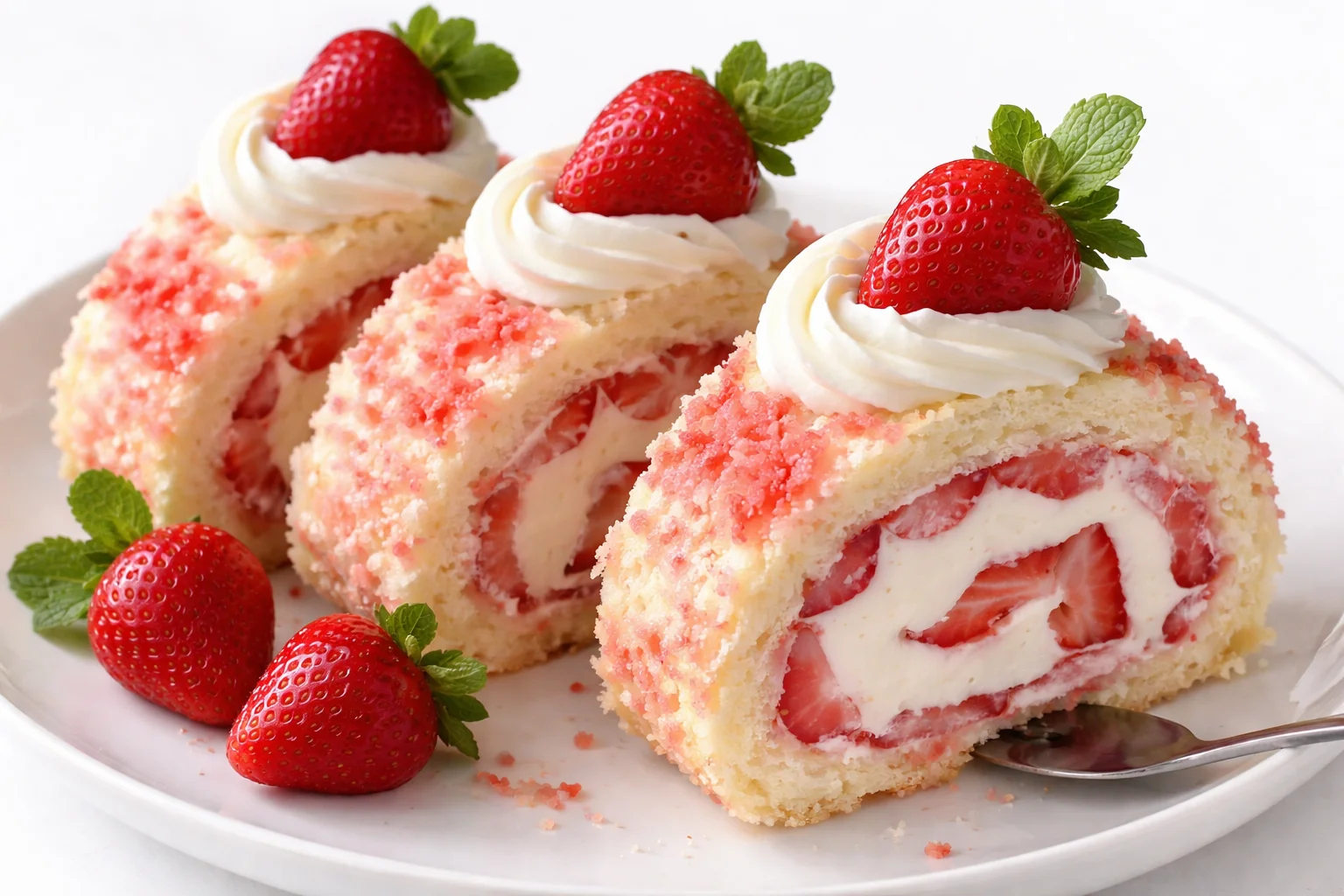 Delicious strawberry shortcake cheesecake rolls on a plate