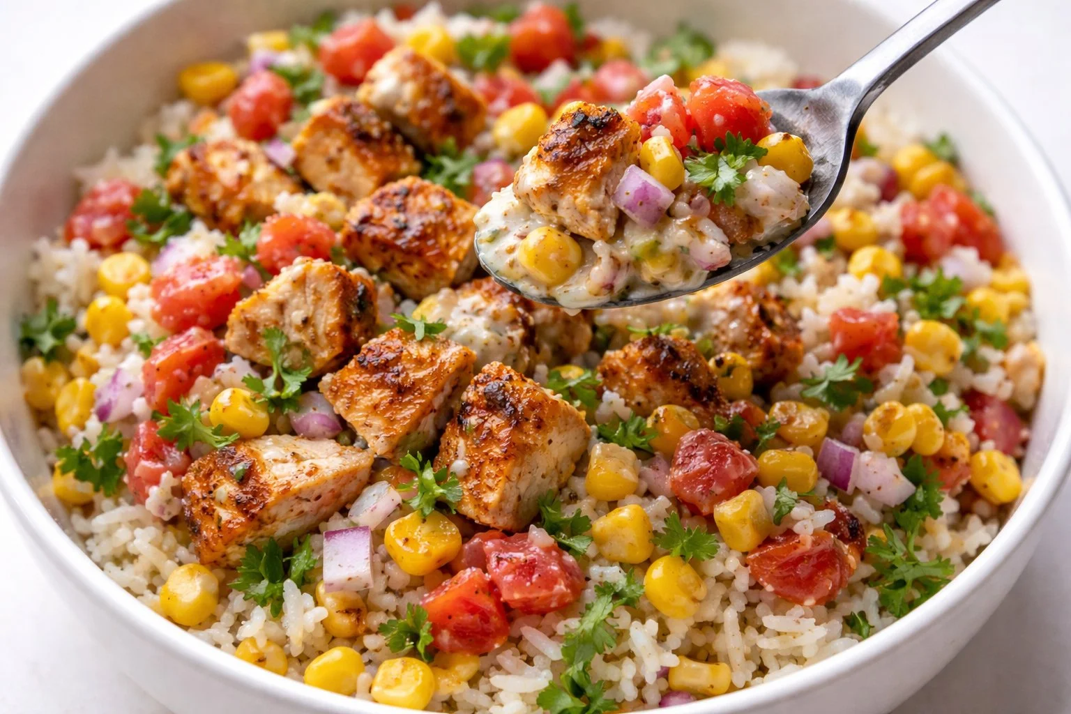 A vibrant Street Corn Chicken Rice Bowl featuring tender chicken, rice, and corn toppings.