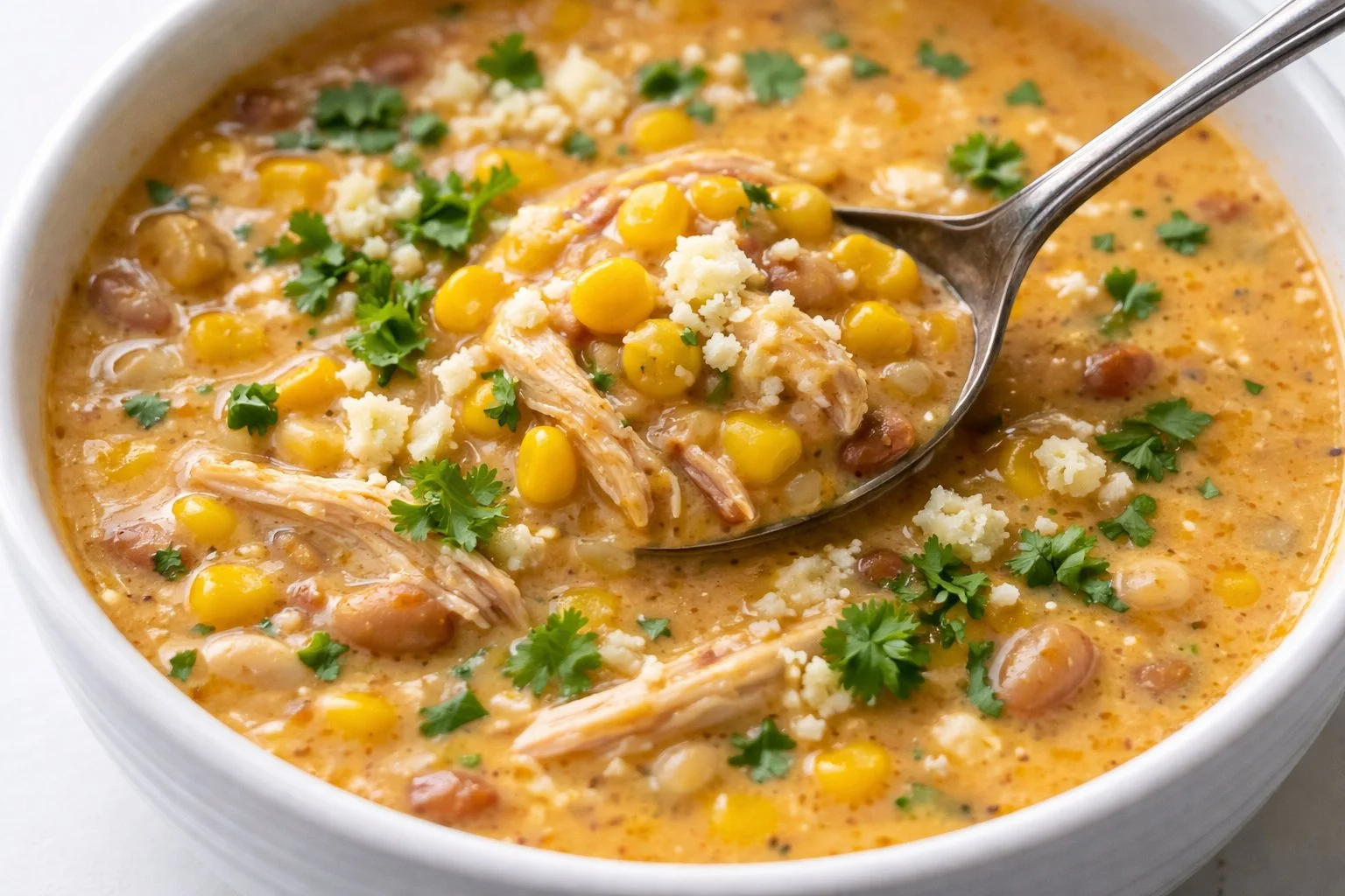 Delicious Street Corn White Chicken Chili Soup served in a bowl