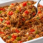 Delicious stuffed pepper casserole topped with melted cheese and fresh herbs.