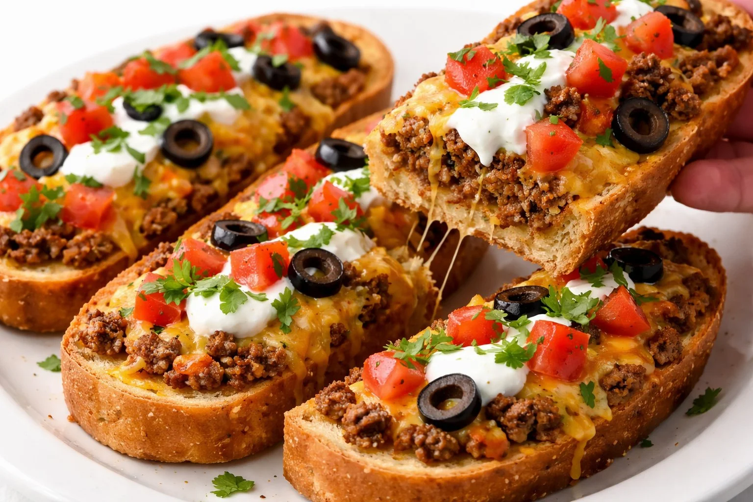 Delicious taco stuffed garlic toast garnished and ready to serve