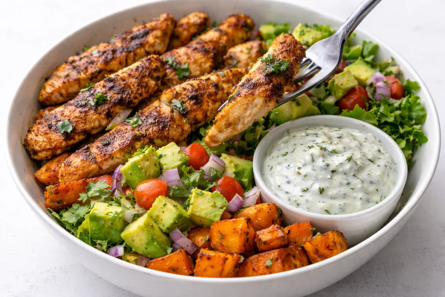 Ultimate grilled chicken bowl with sweet potatoes, avocado salsa, and herbed yogurt dip