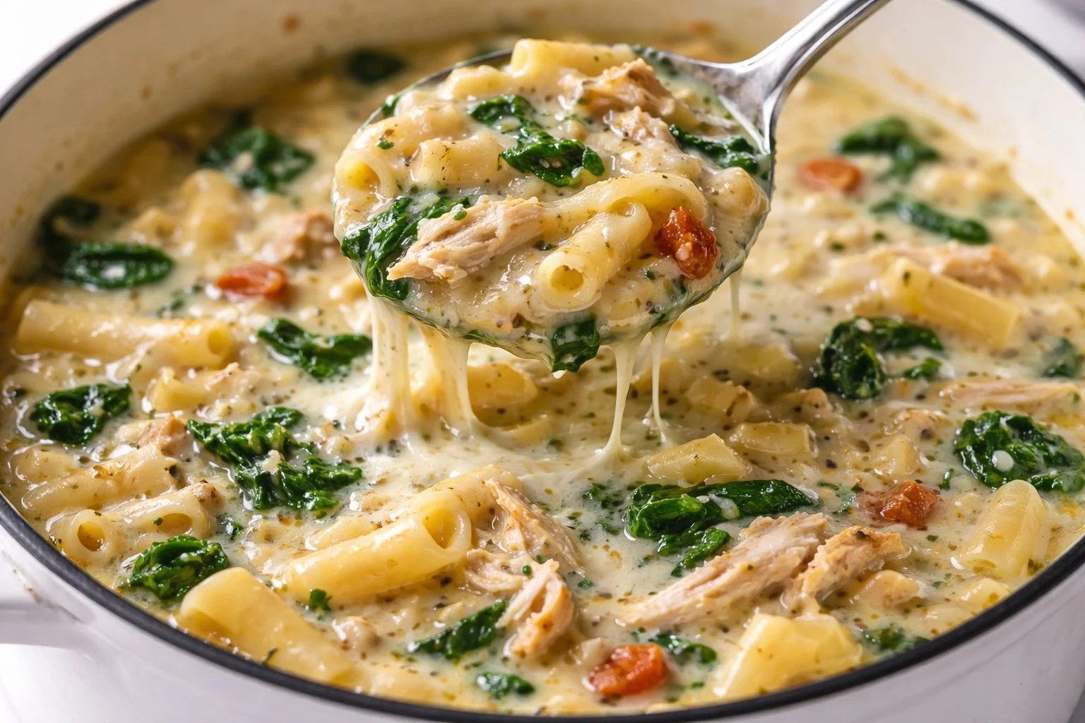 White Lasagna Soup in a bowl topped with herbs and cheese