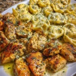 Delicious Cajun Garlic Butter Chicken served with Alfredo sauce for dinner.