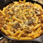 Cheesy Beef Stroganoff Penne with Velveeta served in a bowl