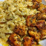 Cheesy garlic butter chicken bowties served on a plate for family dinner