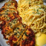 Creamy baked Caesar chicken served with spaghetti on a dinner plate