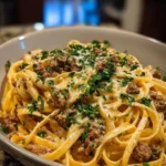 Creamy beef linguine in a bowl with garlic butter sauce, ready for dinner.