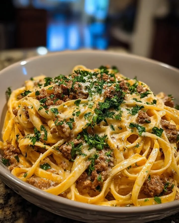 Creamy beef linguine in a bowl with garlic butter sauce, ready for dinner.