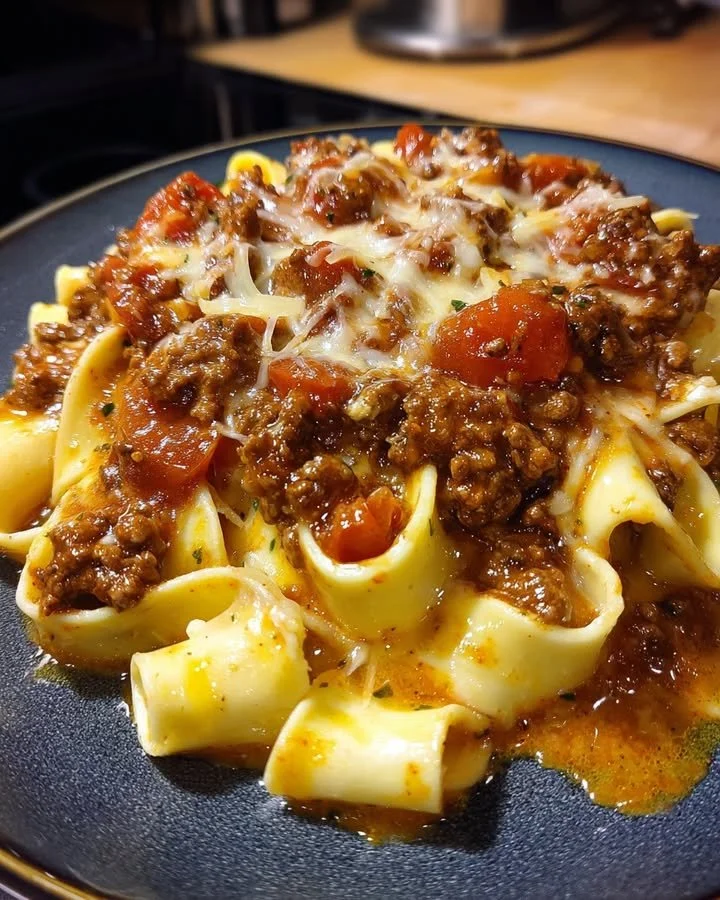 Creamy Beef Bolognese served with Garlic Butter Fettuccine for family dinner