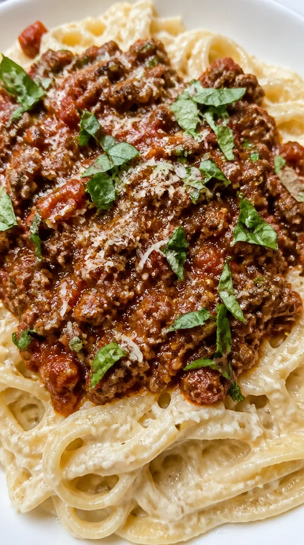 Creamy Beef Bolognese with Creamy Garlic Butter Fettuccine Recipe for Family Dinner