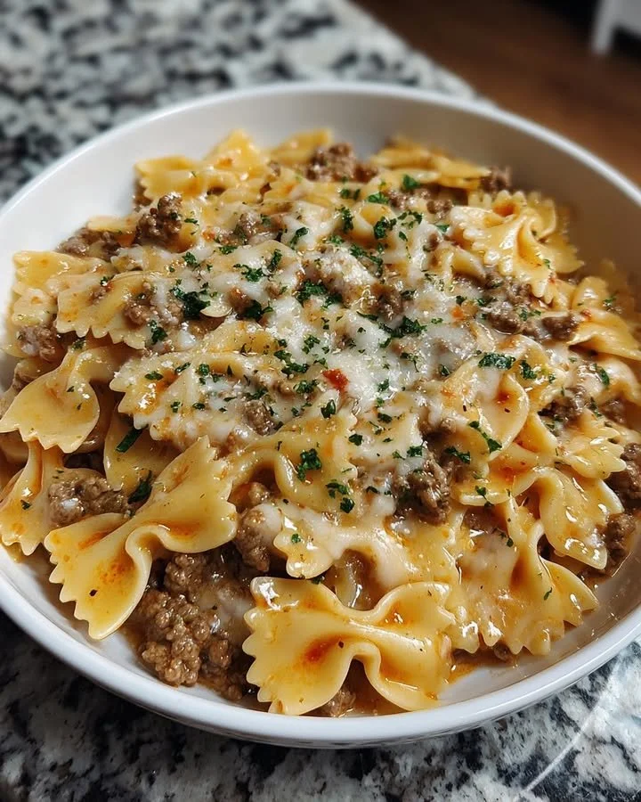 Creamy beef bowtie pasta with Parmesan sauce in a serving bowl