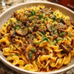 Creamy Beef Stroganoff with Mushroom and Egg Noodles served on a plate