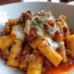 Creamy beef rigatoni dish with ground beef served in a bowl