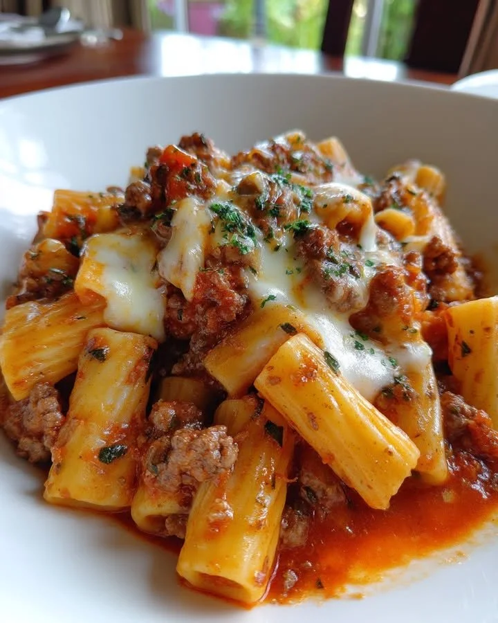 Creamy beef rigatoni dish with ground beef served in a bowl