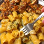 Creamy butter chicken rigatoni with cheddar sauce served in a bowl