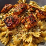 Creamy Cajun chicken bowtie pasta served in a bowl with fresh herbs