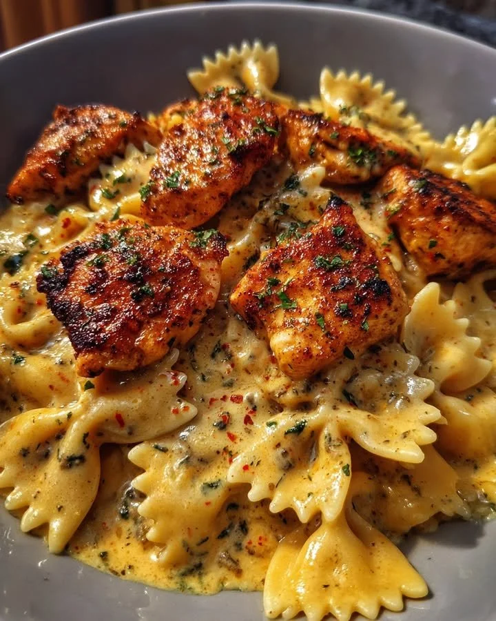 Creamy Cajun chicken bowtie pasta served in a bowl with fresh herbs