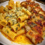 Creamy Cajun Chicken Rigatoni topped with parmesan sauce for family dinner