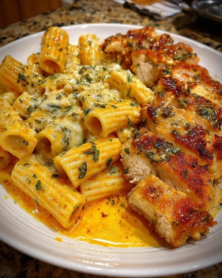 Creamy Cajun Chicken Rigatoni topped with parmesan sauce for family dinner
