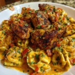 Creamy Cajun Chicken Tortellini served in a bowl with herbs and spices