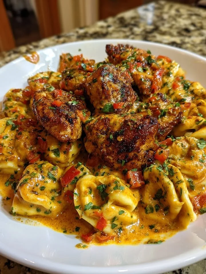 Creamy Cajun Chicken Tortellini served in a bowl with herbs and spices
